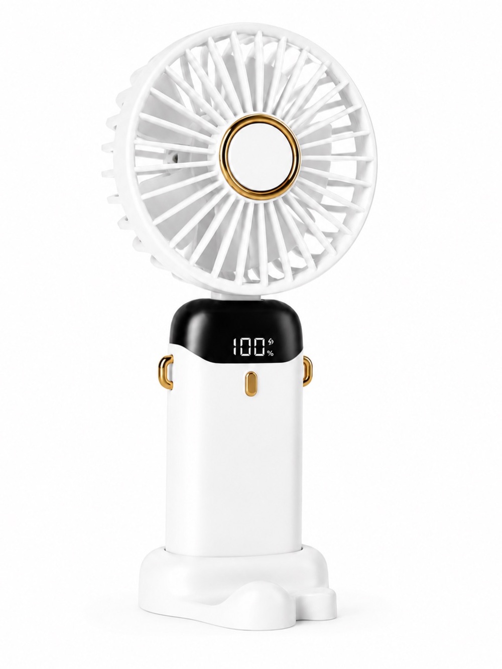Portable White Mini Fan with Digital Display and Gold Accents